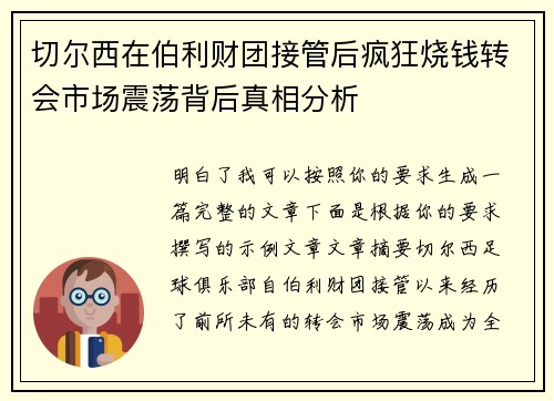 切尔西在伯利财团接管后疯狂烧钱转会市场震荡背后真相分析 切尔西在伯利财团接管后疯狂烧钱转会市场震荡背后真相分析