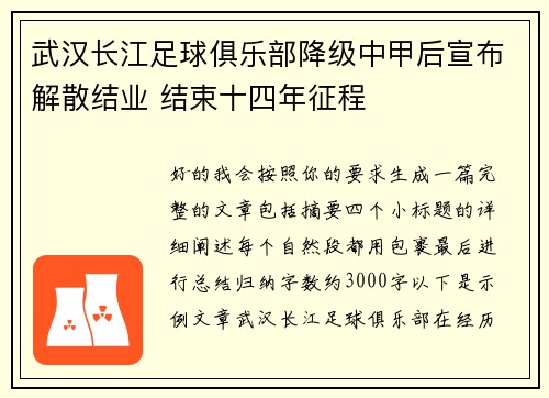 武汉长江足球俱乐部降级中甲后宣布解散结业 结束十四年征程